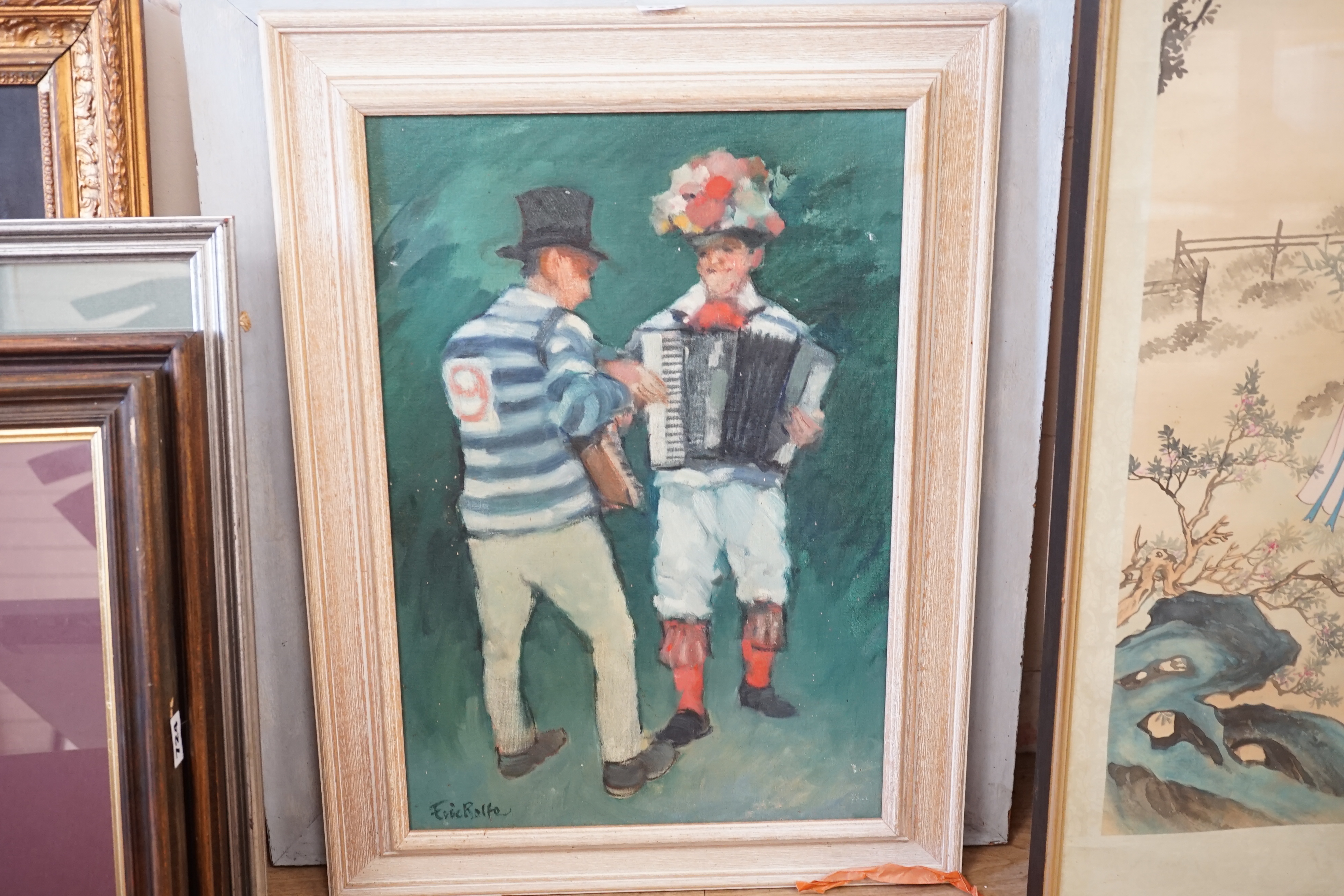 Eric Rolfe (20th C.), oil on board, 'Morris men', signed, 52 x 35cm